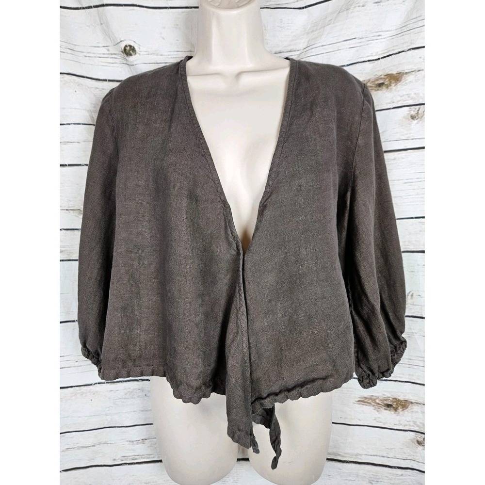 First Rite Brown 100% Linen Top Jacket XL Tie Front Minimalist Boho Lagenlook